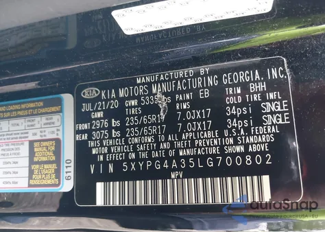 2020 Kia Sorento 2.4L Lx из США, поврежденный, VIN 5XYPG4A35LG700802